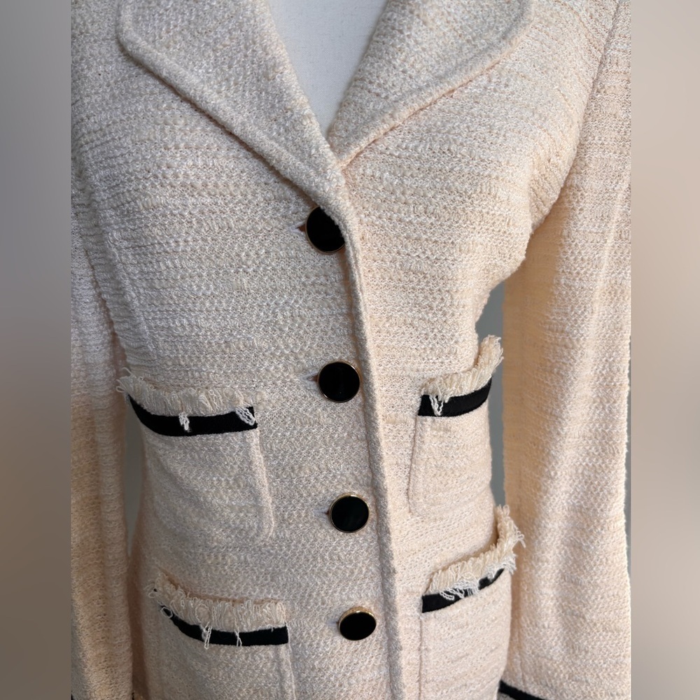 St. John Cream Textured Blazer with Black Accents